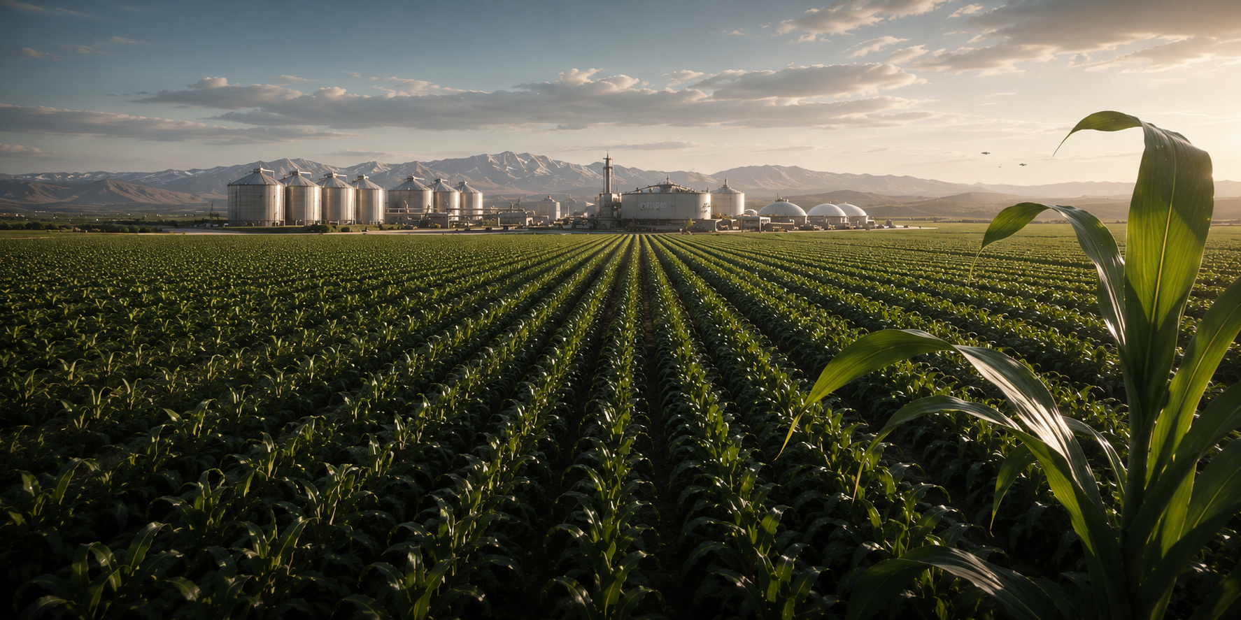 Expansive cultivated fields surrounding an interstellar agricultural processing complex