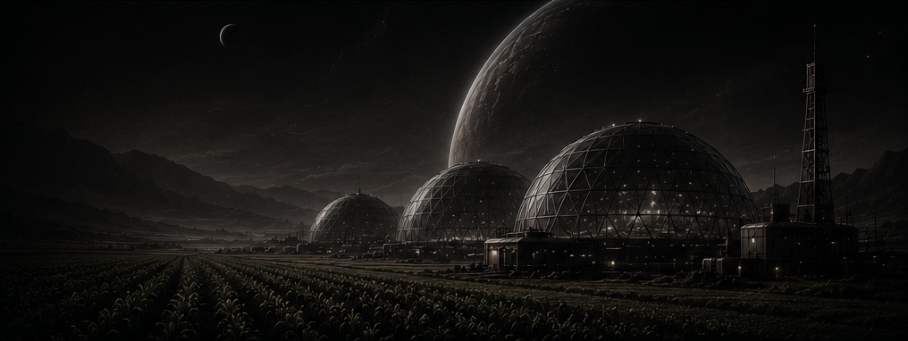 Agricultural biodomes and cultivated fields beneath an alien world