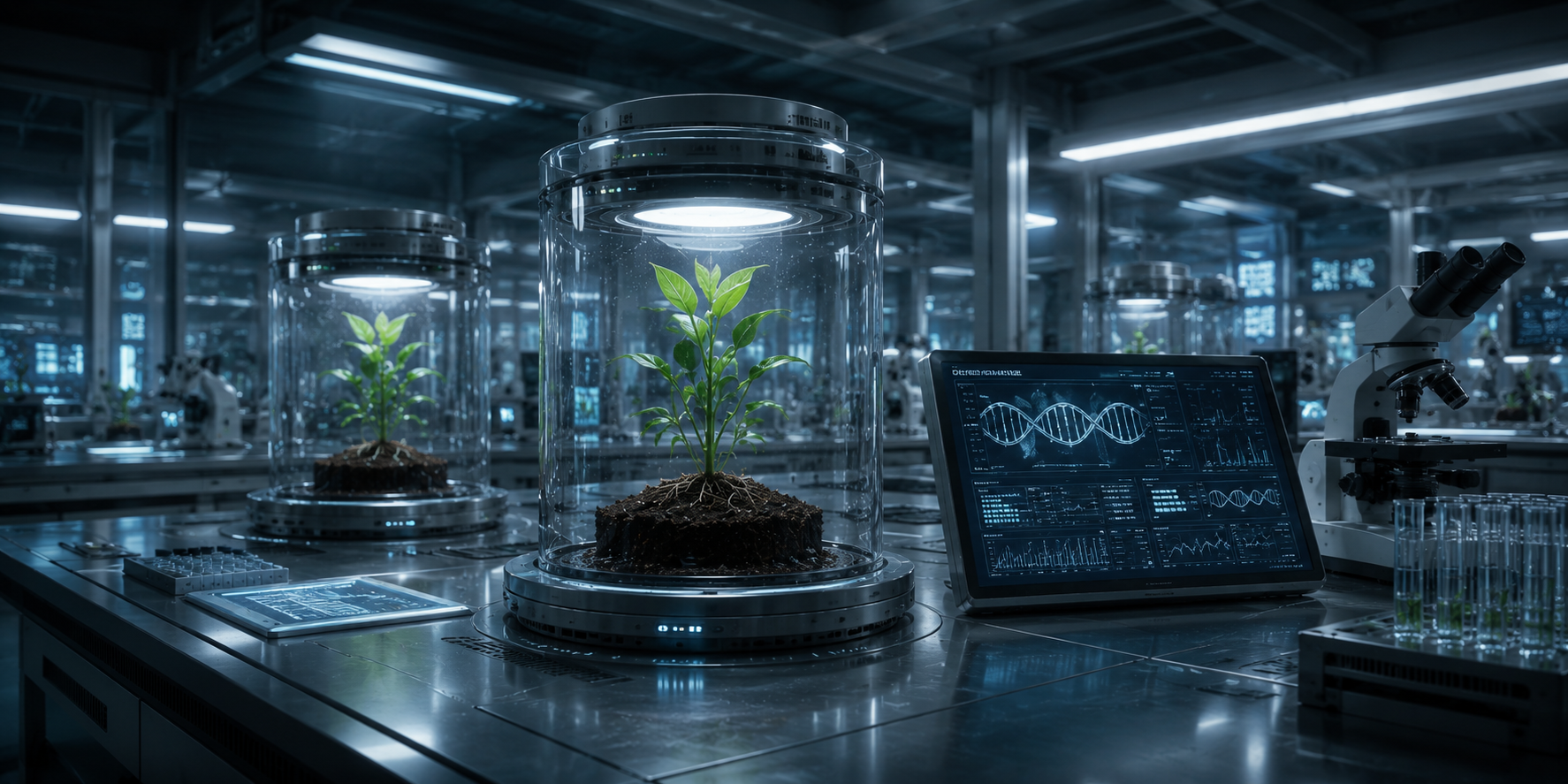 IFA agricultural biotechnology laboratory with plants undergoing controlled analysis