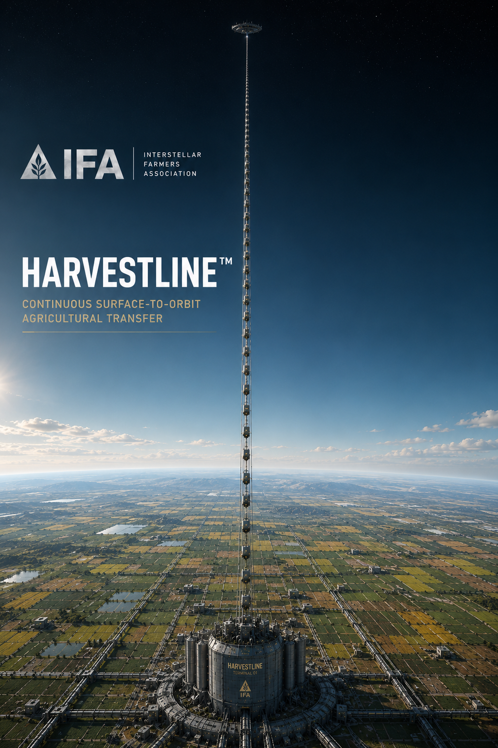 HARVESTLINE planetary terminal and carrier tether extending toward orbital storage